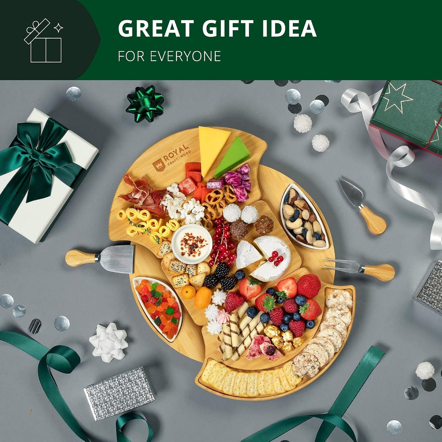 Extra Large Cheese Board - Bamboo Cheese Board and Knife Set - Charcuterie Board Set, Charcuterie Platter & Serving Tray