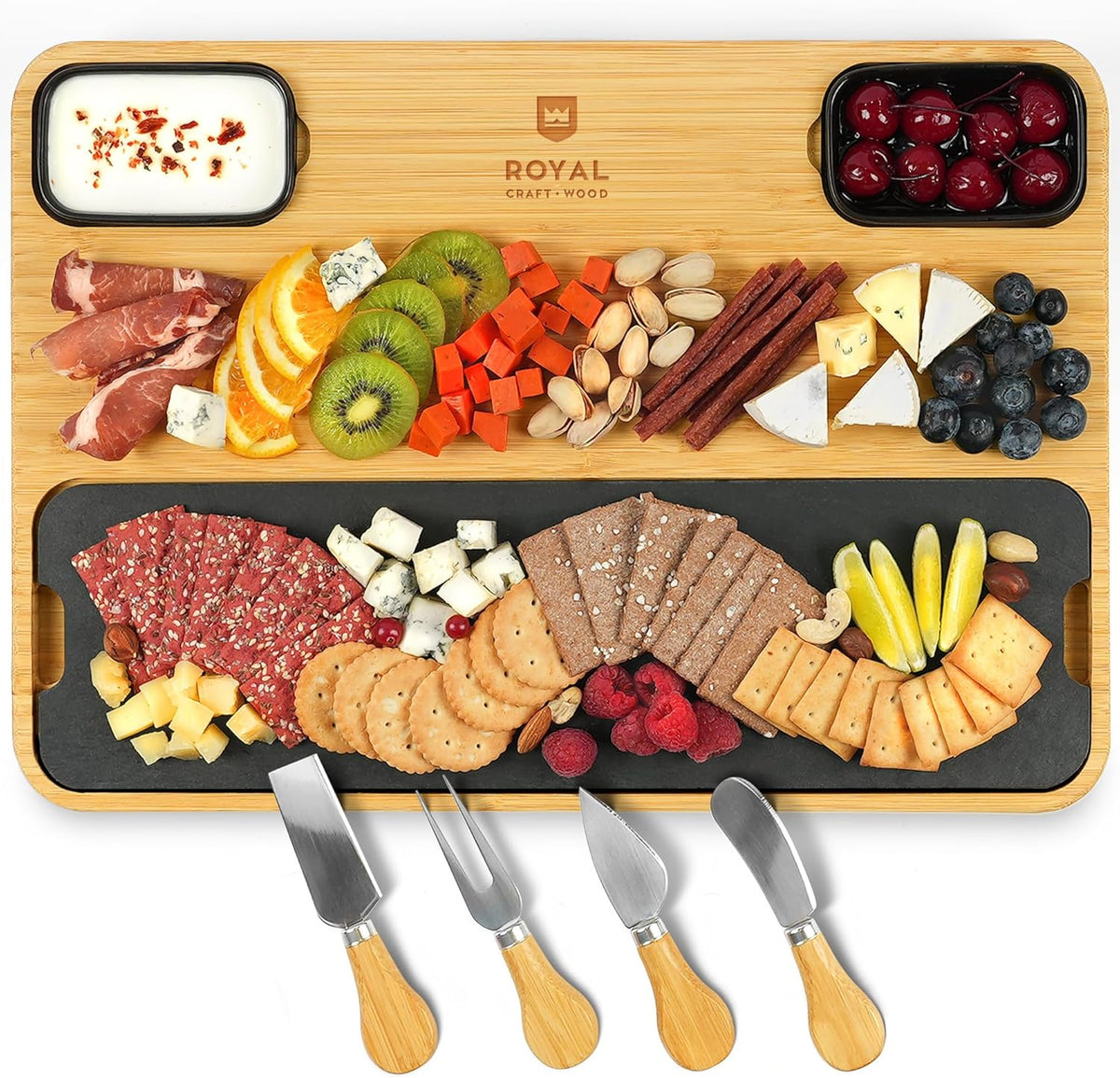 Extra Large Cheese Board - Bamboo Cheese Board and Knife Set - Charcuterie Board Set, Charcuterie Platter & Serving Tray