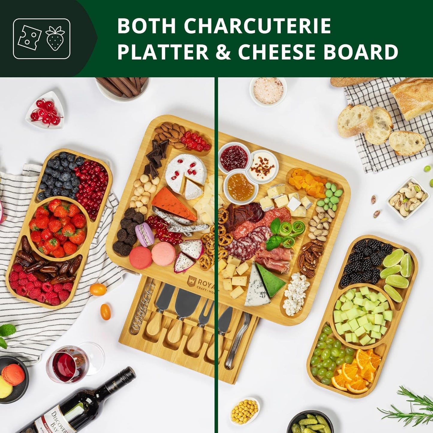 Extra Large Cheese Board - Bamboo Cheese Board and Knife Set - Charcuterie Board Set, Charcuterie Platter & Serving Tray