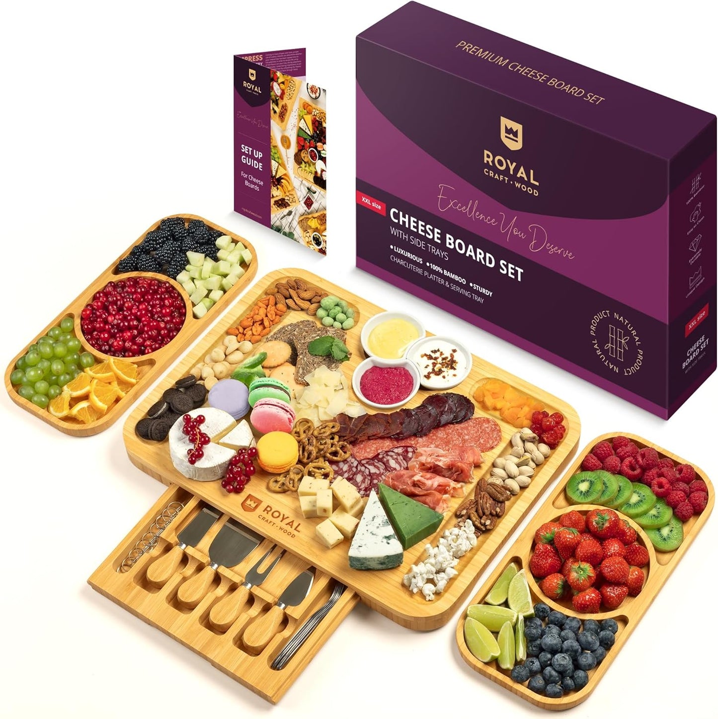 Extra Large Cheese Board - Bamboo Cheese Board and Knife Set - Charcuterie Board Set, Charcuterie Platter & Serving Tray