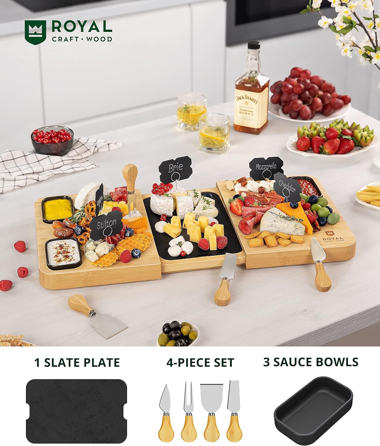 Extra Large Cheese Board - Bamboo Cheese Board and Knife Set - Charcuterie Board Set, Charcuterie Platter & Serving Tray