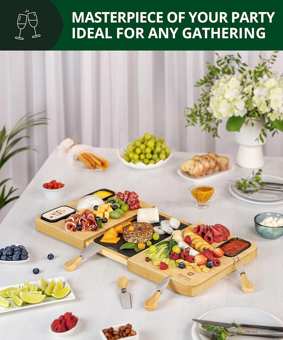 Extra Large Cheese Board - Bamboo Cheese Board and Knife Set - Charcuterie Board Set, Charcuterie Platter & Serving Tray