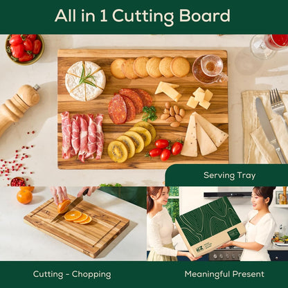 Combo 2 Extra Teak Wood Cutting Board, End Grain & Edge Grain with Juice Groove and Handles, Knife Friendly, Reversible, Suitable for Chopping Meat, Vegetables, Aesthetics for The Kitchen