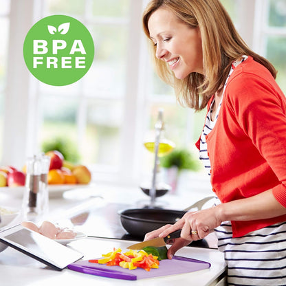 Neoflam 4 Piece Plastic Coded Cutting Board Set plus Organizer with Food Icon, Microban Protection, Extra Large, BPA Free, Juice Groove, Non Slip, Dishwasher Safe, Multicolor
