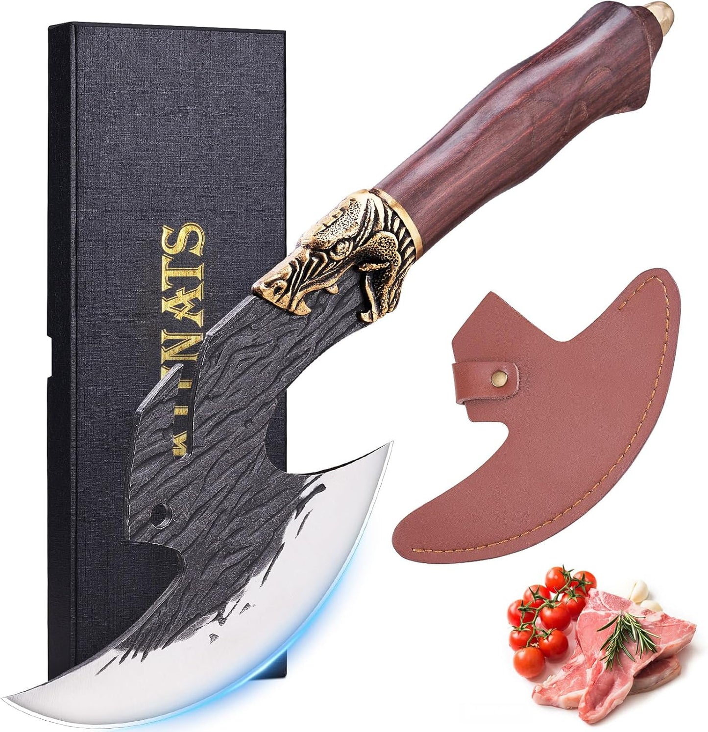 KITNATS Hand Forged Meat Cleaver with Sheath, Viking Inspired Butcher Knife for Meat Cutting, Boning, Outdoor BBQ, Camping and Kitchen Cooking, Gift for Men, Christmas Birthday
