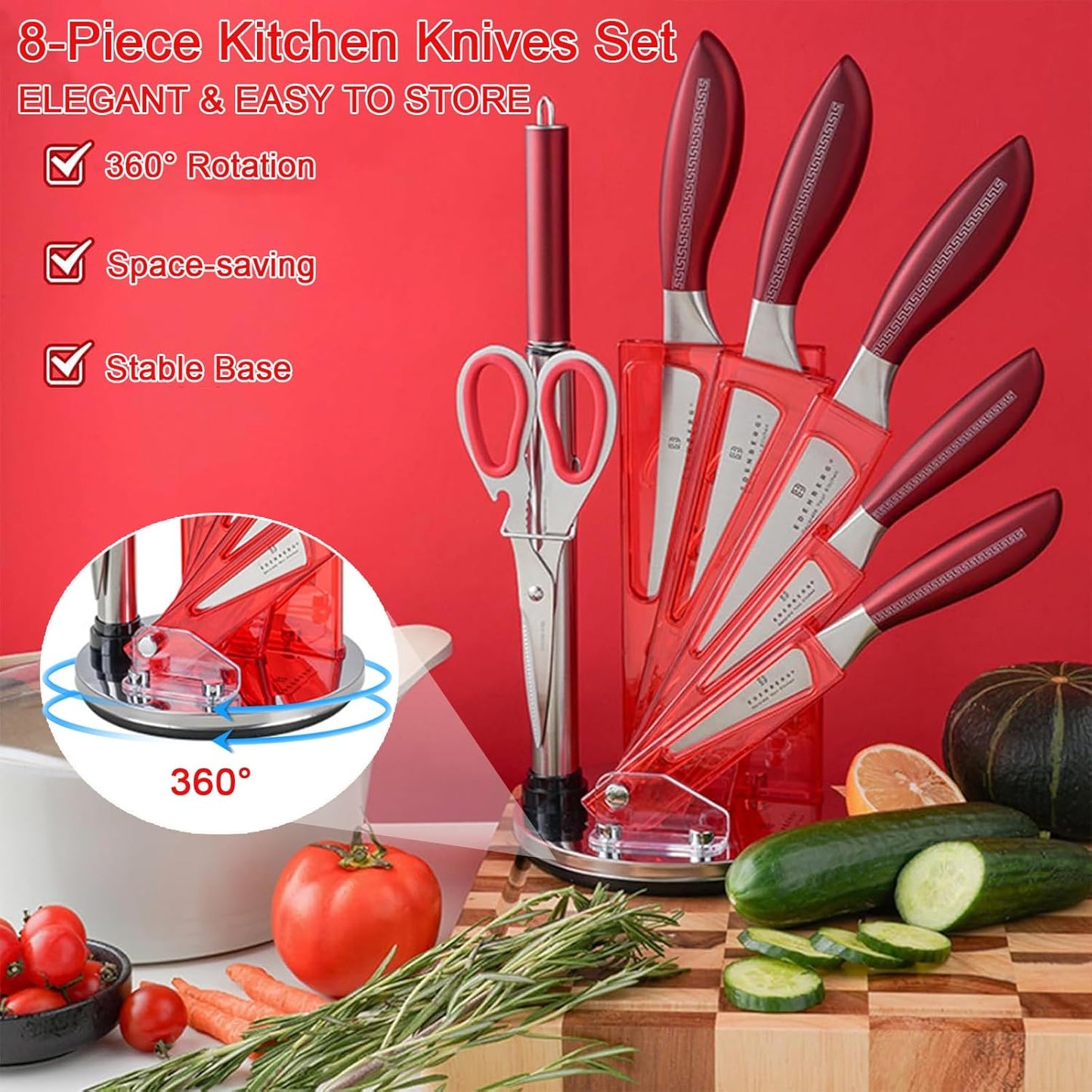 8-Pieces Kitchen Knife Set,Sharp Knife Sets with Sharpener and 360° Rotating Block,Non-stick Stainless Steel Knife set for Kitchen,Anti-Rust Dishwasher Safe kitchen sets (Red)
