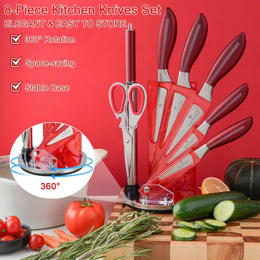 8-Pieces Kitchen Knife Set,Sharp Knife Sets with Sharpener and 360° Rotating Block,Non-stick Stainless Steel Knife set for Kitchen,Anti-Rust Dishwasher Safe kitchen sets (Red)
