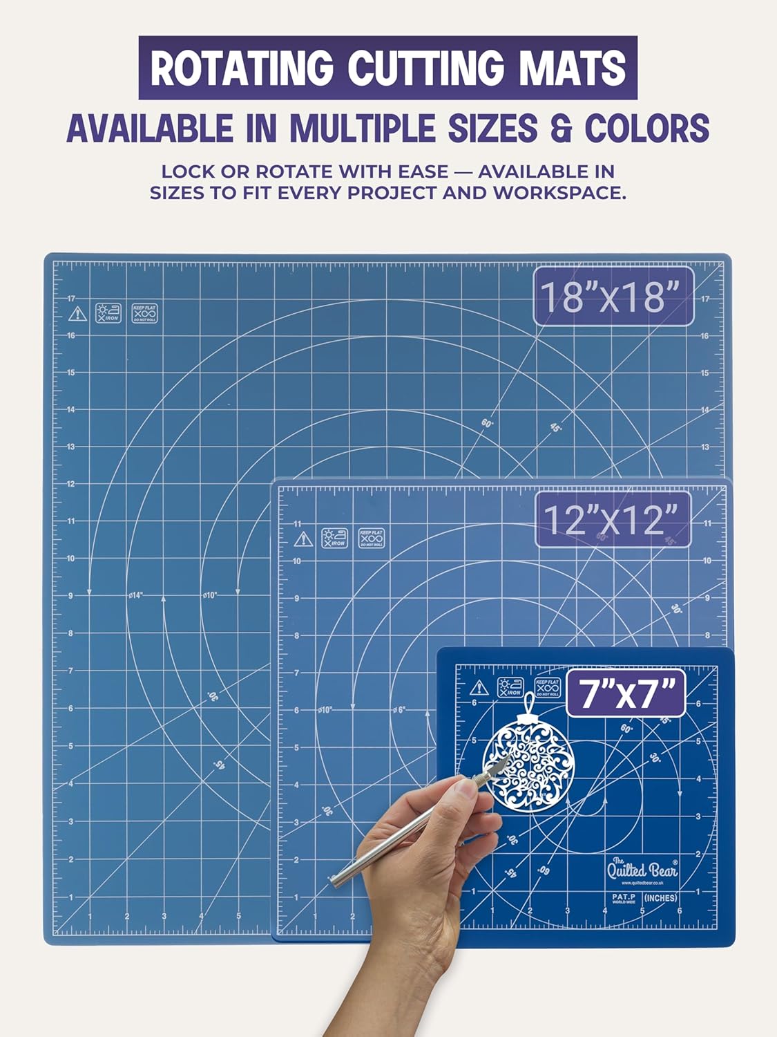 The Quilted Bear Rotating Cutting Mat 12" x 12" - Locking & Rotating Self Healing Cutting Board for Sewing, Fabric & Quilting - 360 Degree Sewing Supplies Mat for Craft Table (Pink)