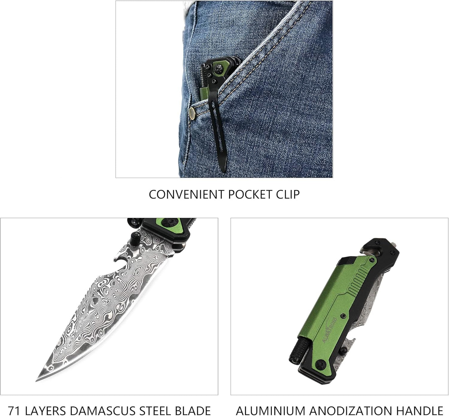 ALBATROSS 6-in-1 Survival Tactical Military Folding Pocket Knives with LED Light,Seatbelt Cutter,Glass Breaker,Magnesium Fire Starter,Bottle Opener;Multi-Function Emergency Tool(Black)
