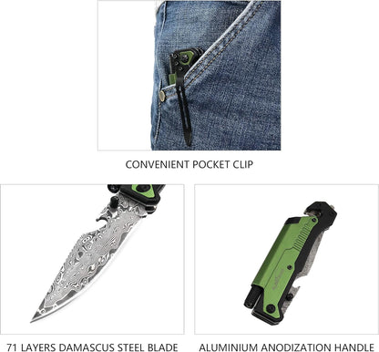 ALBATROSS 6-in-1 Survival Tactical Military Folding Pocket Knives with LED Light,Seatbelt Cutter,Glass Breaker,Magnesium Fire Starter,Bottle Opener;Multi-Function Emergency Tool(Black)