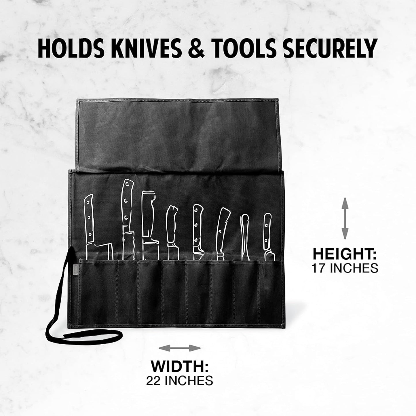 Hudson Durable Goods 8-Pocket Knife Roll - 22" W x 17" H Waxed Canvas Storage Case for Culinary Blades & Tools - Heavy Duty, Portable Travel Bag - Charcoal