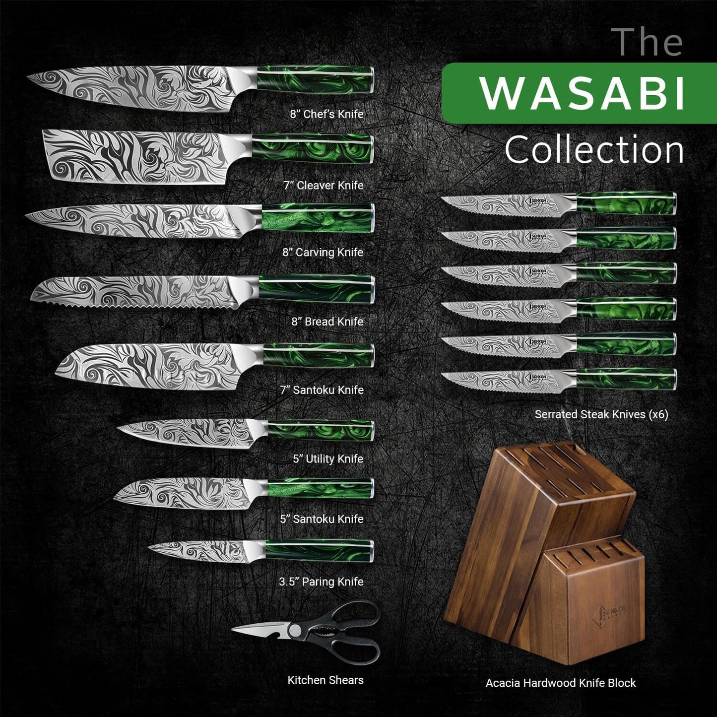 SENKEN 8-piece Engraved Japanese Kitchen Knife Set & Beautiful Green Resin Epoxy Handles - Wasabi Collection - Chef's Knife, Santoku, Cleaver, Paring, & More