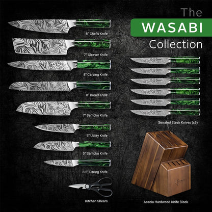 SENKEN 8-piece Engraved Japanese Kitchen Knife Set & Beautiful Green Resin Epoxy Handles - Wasabi Collection - Chef's Knife, Santoku, Cleaver, Paring, & More