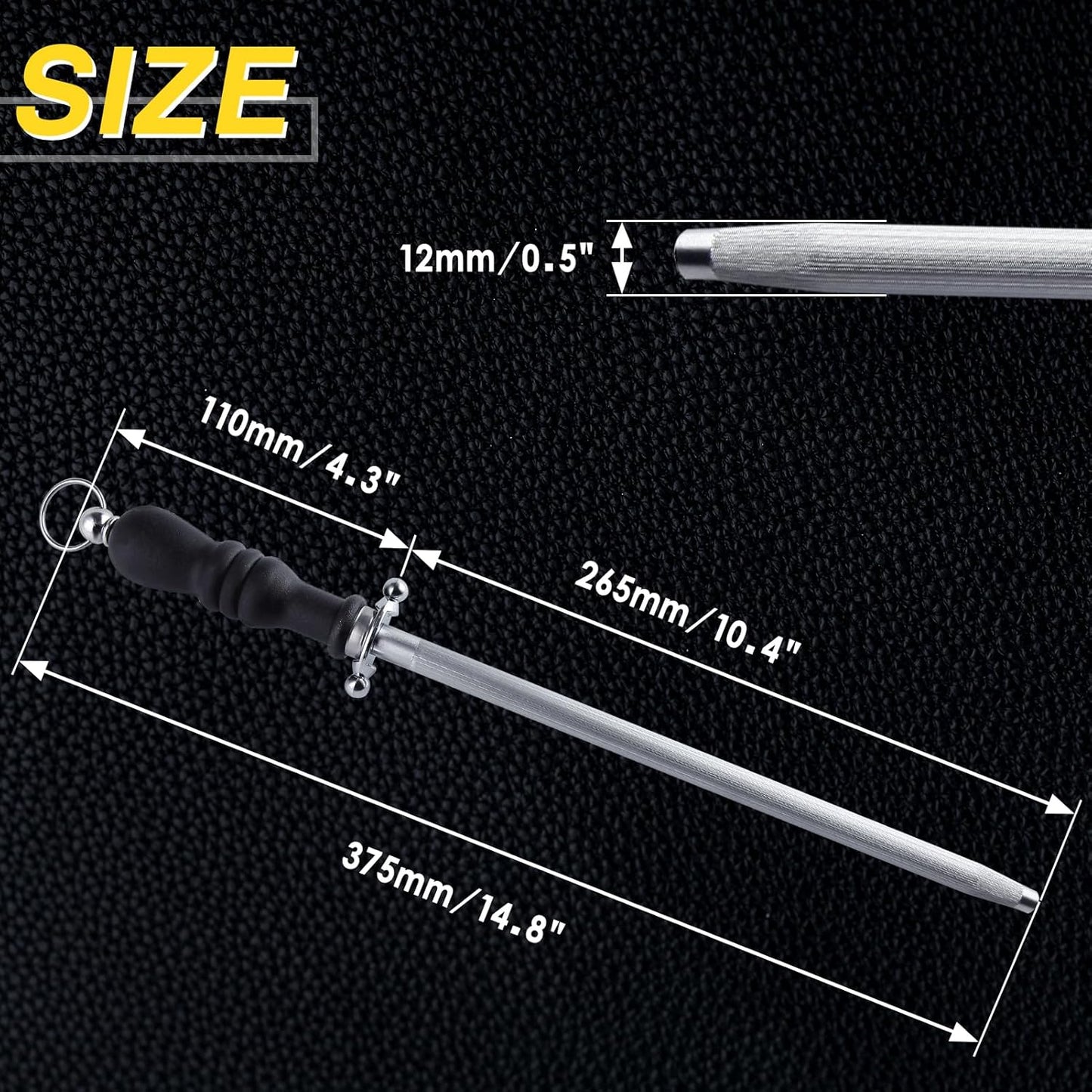 Professional Knife Sharpener Rod, 15 Inch Honing Steel, Kitchen Knife Sharpening Steel, Carbon Steel Sharpening Rod with Ergonomic Handle, Honing Rod for Chef Knive, Kitchen Gift for Butcher