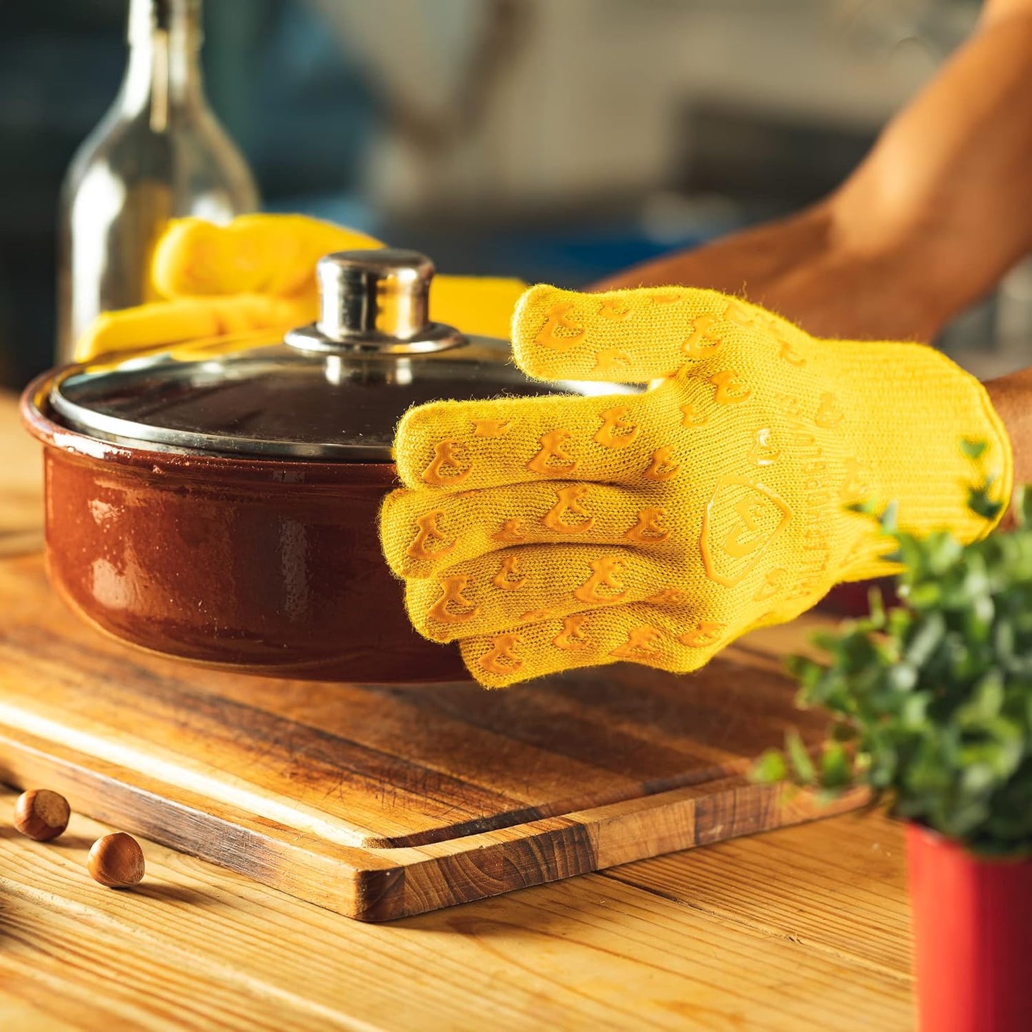 Oven Gloves with Fingers - 932°F Extreme Heat Proof and Cut Resistant Mitts for Kitchen, BBQ, Grill, Baking, Fire Pit - EN407 Certified with Non-Slip Silicone Grip and Cotton Lined for Comfort