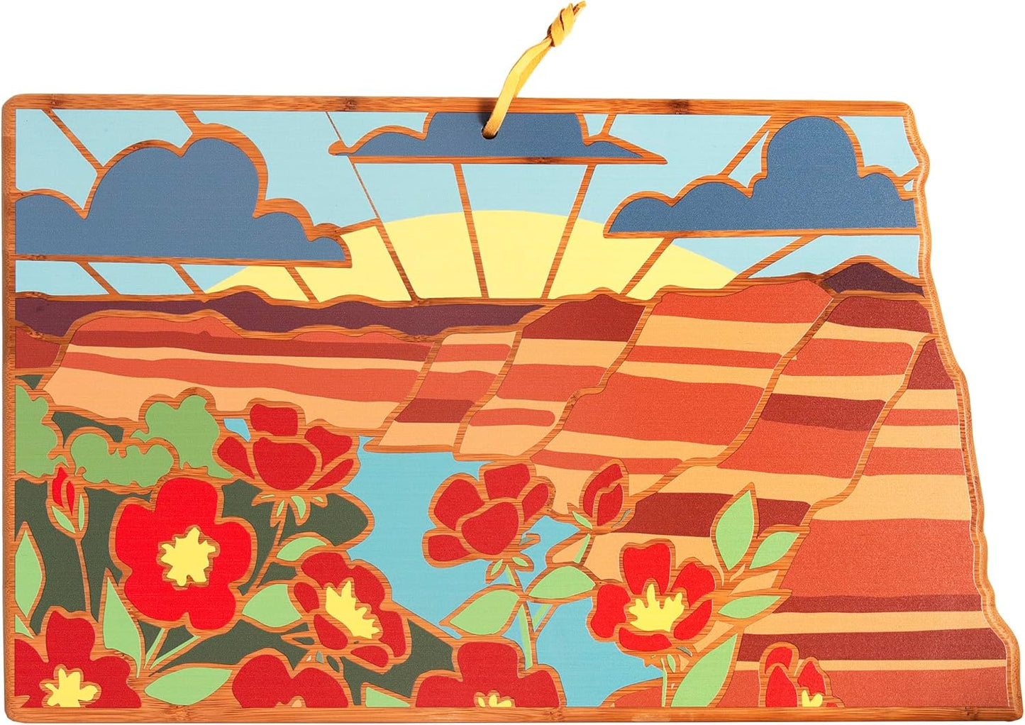 Totally Bamboo North Carolina State Shaped Cutting Board and Charcuterie Serving Platter with Artwork by Summer Stokes, Includes Hang Tie for Wall Display 18" x 8" x 5/8" - Colors A