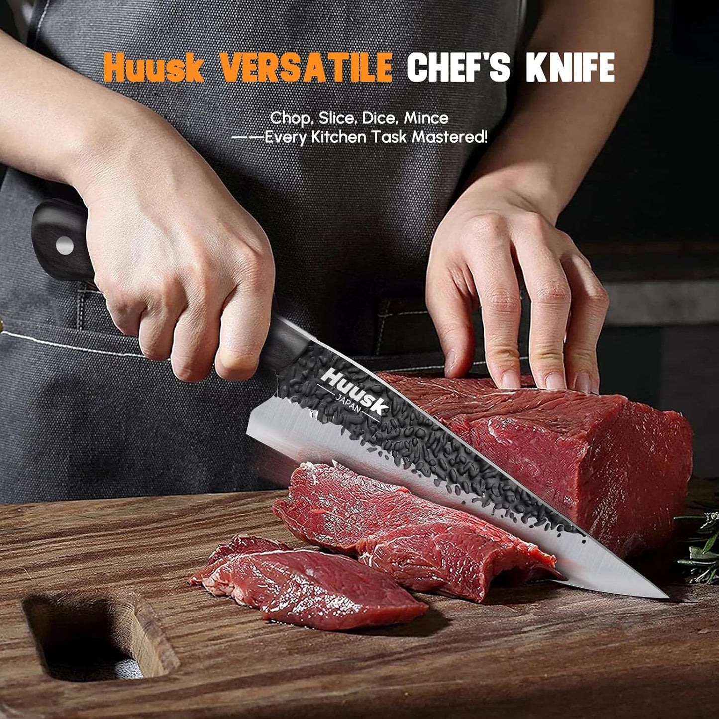 Huusk Japanese Chef Knife Set - Hand Forged Kitchen Knives for Meat Cutting - ATS-34 Carbon Steel Knives Set with Wooden Handle - Viking Cooking Knife Sets for BBQ Christmas Gift for Men and Women