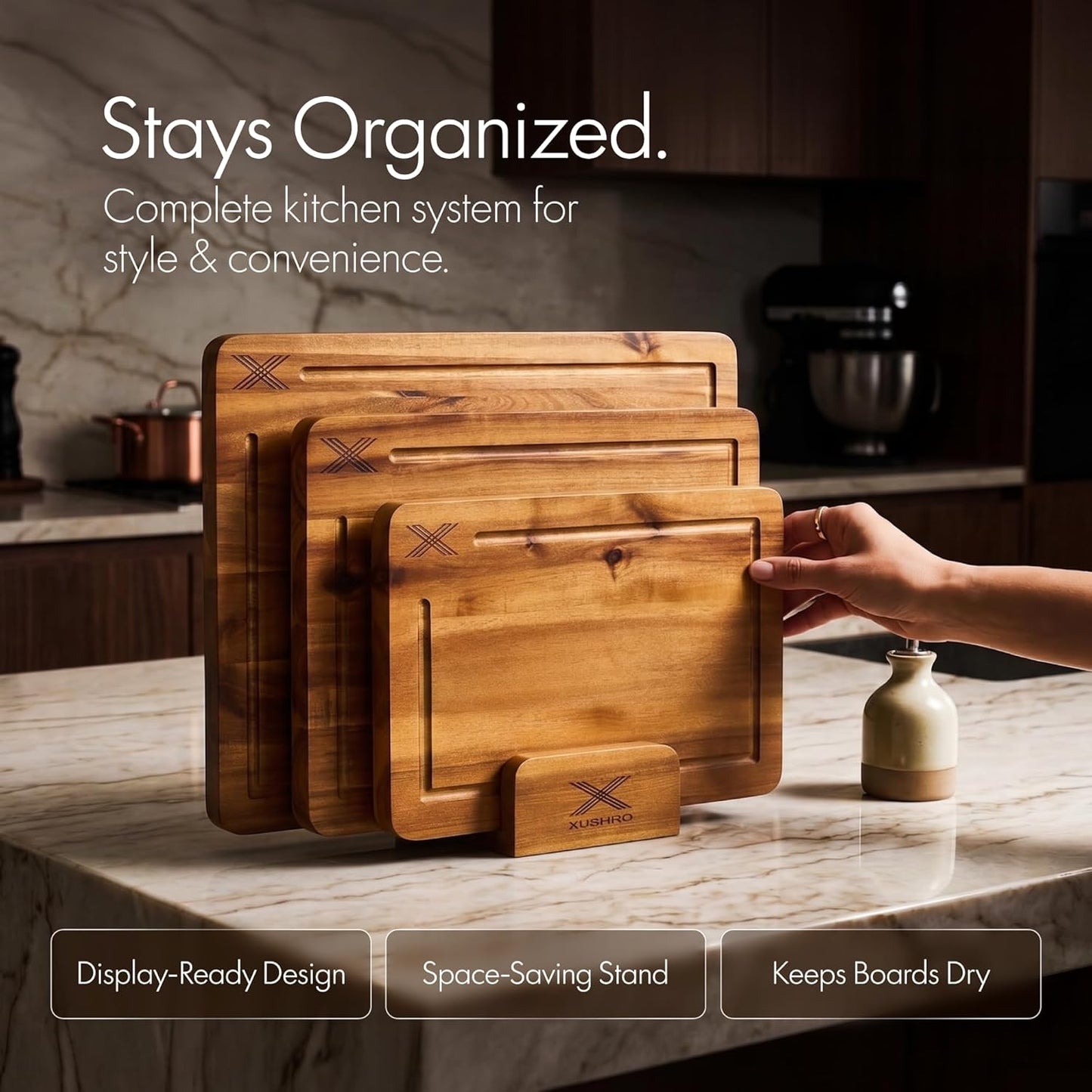 Acacia Wood Cutting Board Set of 3 with Stand - Thick Wooden Chopping Boards with Deep Juice Grooves - Non-Slip & Durable Wooden Boards for Meat & Vegetables (16x12, 14x10, 12x8) - Walnut