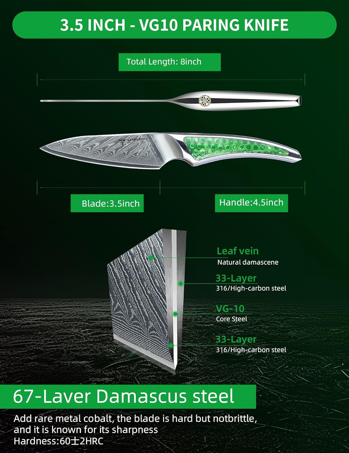 7 inch Nakiri Knife, Japanese VG-10 Damascus Steel Meat Cleaver, Ultra Sharp Vegetable Knife with Full-tang Handle in Green Resin, LA-S9 Series