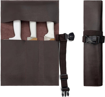 Under NY Sky Genuine Leather Knife Roll Case - 2 Slots - Real Leather Pouch - Portable Bag for Cooking Tools, Utensils, Cutlery Knives, Brushes - Chefs, Kitchen, Travel, Gift - Brown L