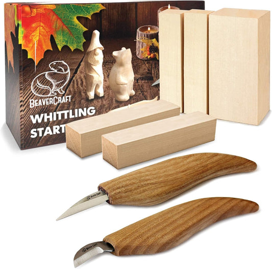 BeaverCraft Wood Carving Kit for Beginners S16 – Whittling Knives Sloyd, Chip Wood Carving Knife, Basswood Blocks for Carvers - Whittling Tools Set