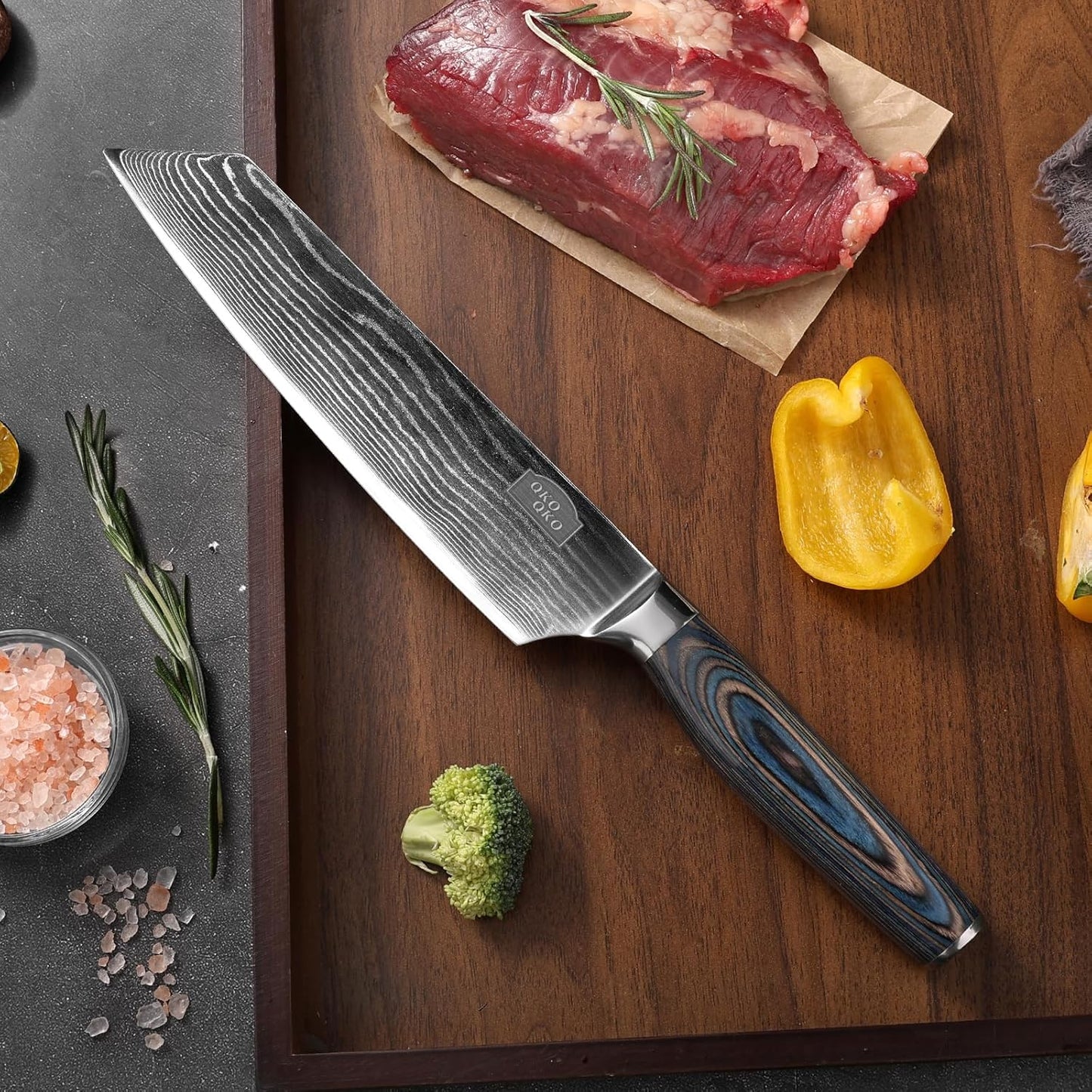 Damascus Kiritsuke Knife, 8-Inch Kiritsuke Chef Knife with 9Cr18MoV Steel Core, Japanese Kitchen Knife with Wood Handle - Razor Sharp Chef's Knife for Home Kitchen with Gift Box