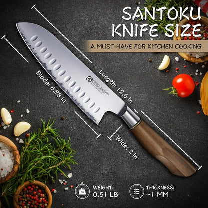 Purple Dragon Santoku Knife 7 Inch Japanese Chef Knife for Chopping Meat Cutting Vegetables, German Vg10 Steel Blade, Ergonomic Wooden Handle Christmas Gift for Men and Women