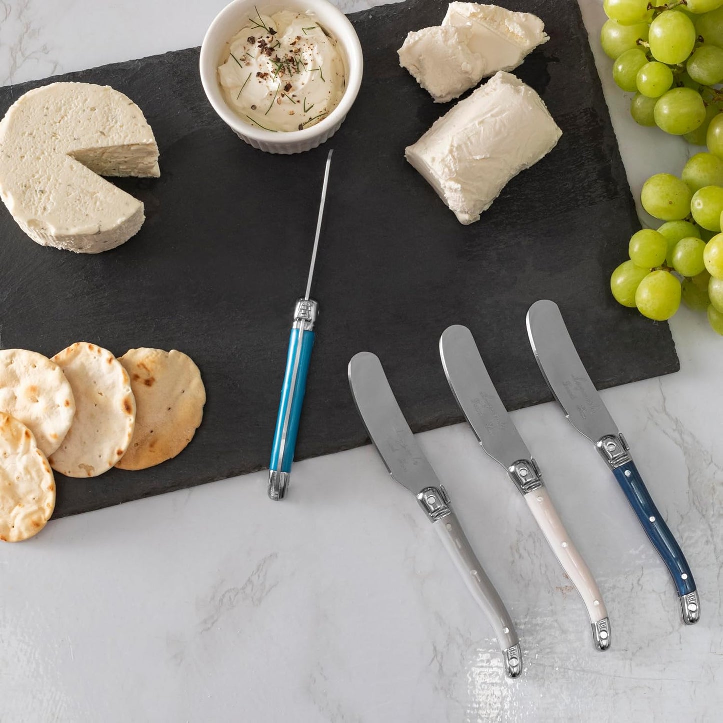 French Home Laguiole Spreader Set – 8 Piece Cheese & Butter Spreader Set with Blue and Cream Handles – Elegant & Practical Charcuterie Tools (6.25")