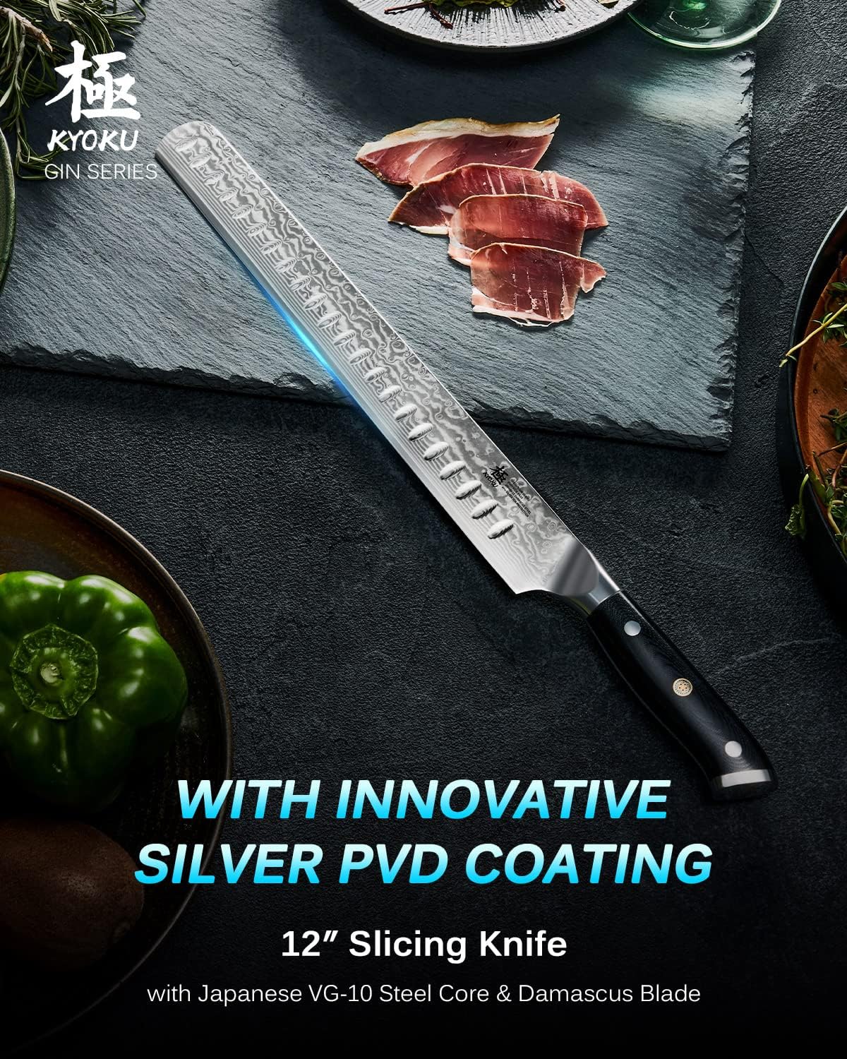 KYOKU Gin Series Chef Knife, 8" All Purpose Kitchen Knife, Japanese VG10 Damascus Stainless Steel Knife with Silver Ion Blade G10 Handle Mosaic Pin, Professional Knife for Meat Fruit Vegetables