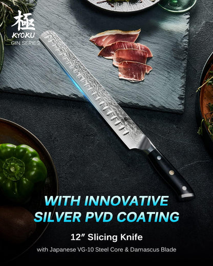 KYOKU Gin Series Chef Knife, 8" All Purpose Kitchen Knife, Japanese VG10 Damascus Stainless Steel Knife with Silver Ion Blade G10 Handle Mosaic Pin, Professional Knife for Meat Fruit Vegetables