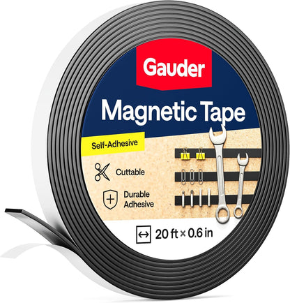 GAUDER Magnetic Tape with 3M Adhesive - Strong Self-Adhesive Magnet Strip - Strong Magnetic Tape Roll with Cuttable Length & 3M Sticky Back (20 ft x 0.6 in)