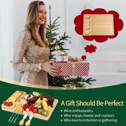 Premium Bamboo Charcuterie Board Set with Hidden Drawer & 4 Cheese Knives - 13x13 Large Cheese Board Serving Tray - Unique Housewarming Gifts for New Home, Wedding & Bridal Shower Gifts for Couples