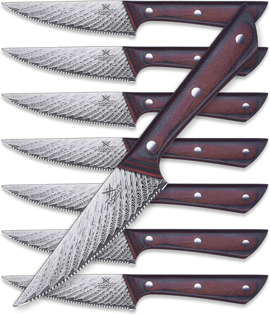 Naitesen Steak Knives Set of 8, Serrated Lightweight Kitchen Knife with Wooden Handle for Cutting Meat Gifts for Men Women