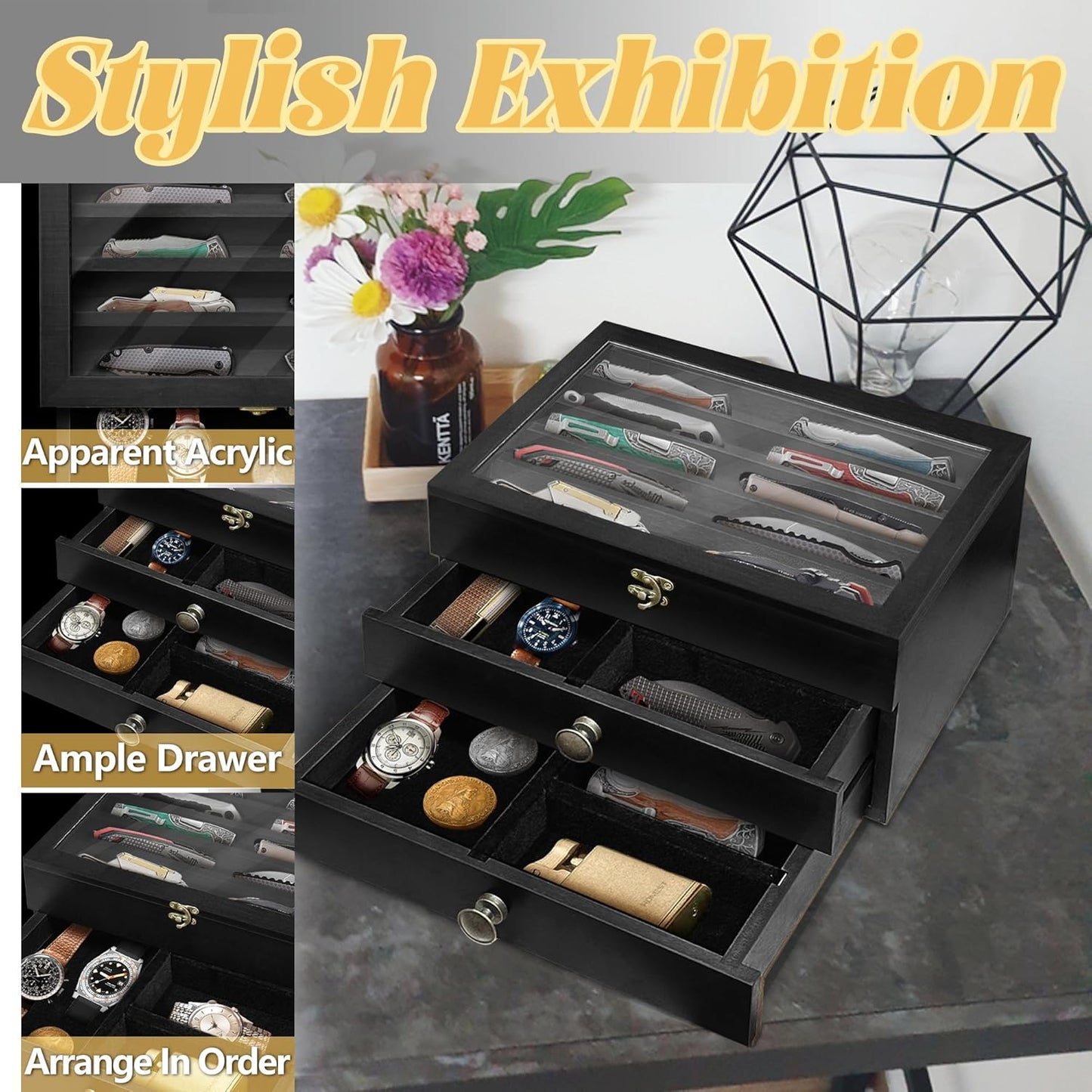 Knife Display Case,2 Layer Pocket Knife Display Case Wood, Knife Collection Display Case with Drawers, Pocket Knife Organizer for Gifts, Black