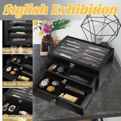 Knife Display Case,2 Layer Pocket Knife Display Case Wood, Knife Collection Display Case with Drawers, Pocket Knife Organizer for Gifts, Black