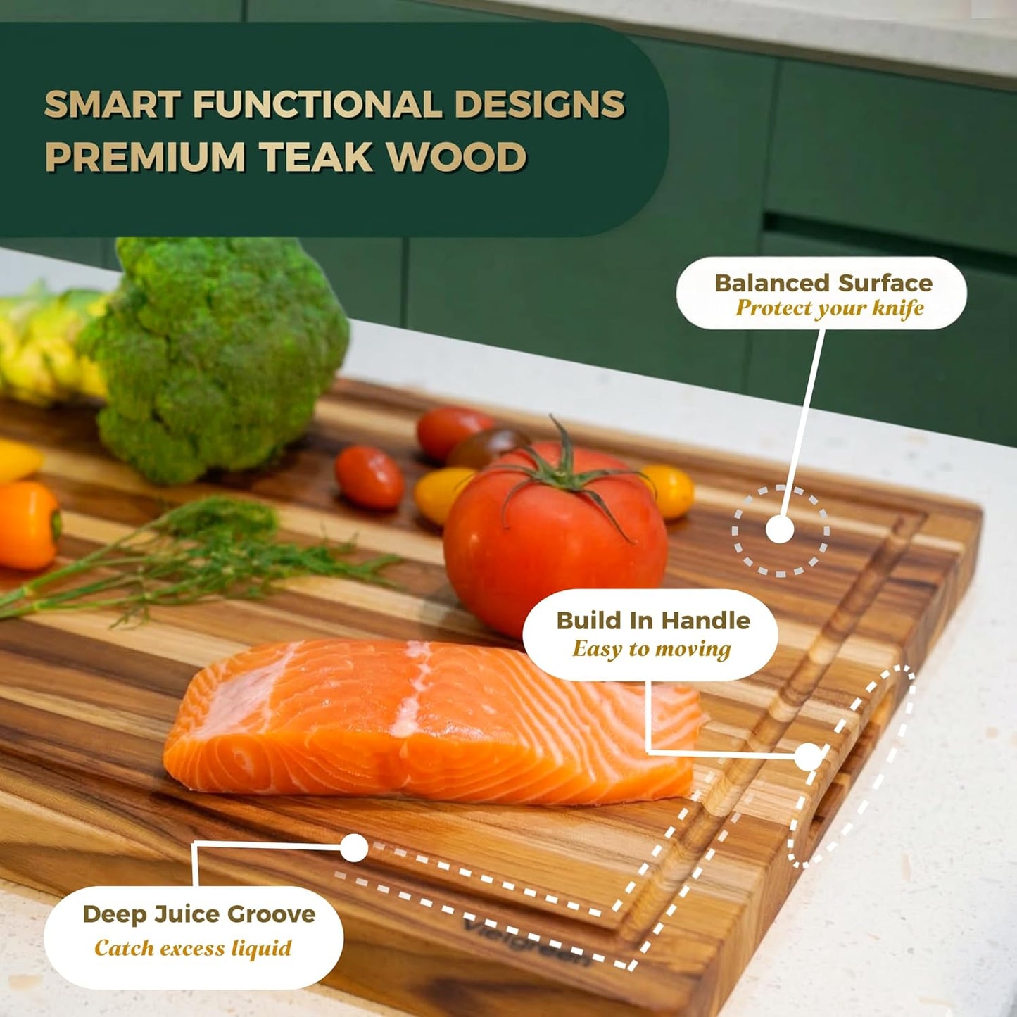 Teak Cutting Board - End Grain Butcher Block, 20 x 14 x 1.5 Inch Large Wood Board with Juice Groove & Side Handles, Extra Thick Carving Board for Meat Prep, BBQ & Charcuterie
