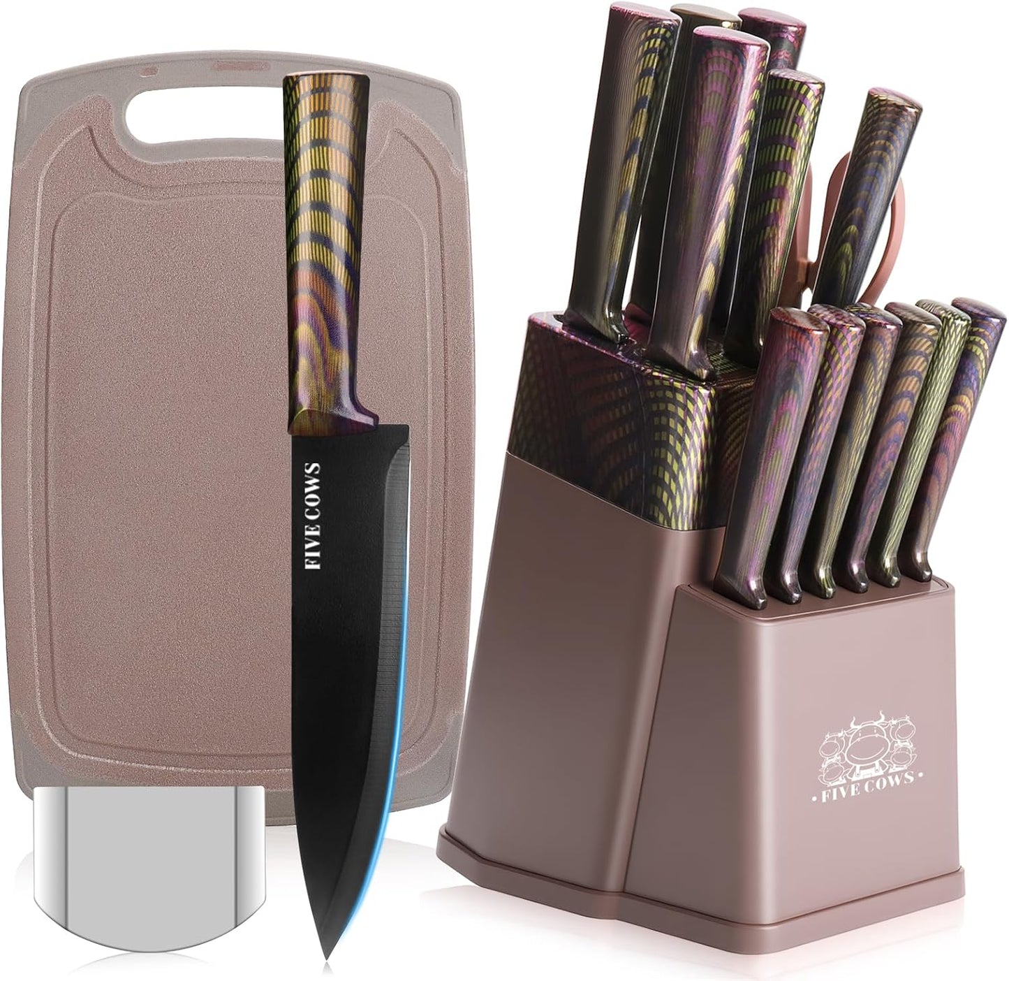 16-Piece Kitchen Knife Block Set with Cutting Board - German Stainless Steel Knives, Built-In Sharpener, Dishwasher Safe, Anti-Slip Handle - All-in-One Cutlery Set for Home/Kitchen (Cyan)