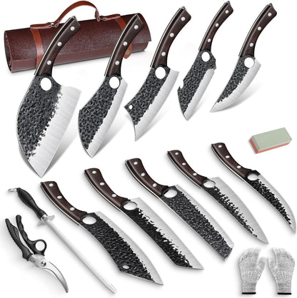 DRGSKL Hand Forged Meat Cleaver Knife Fathers Butcher Knives for Meat Cutting Full Tang Chef Knife with Belt Sheath and Gift Box High Carbon Steel for Kitchen or Camping, Gift for Dad