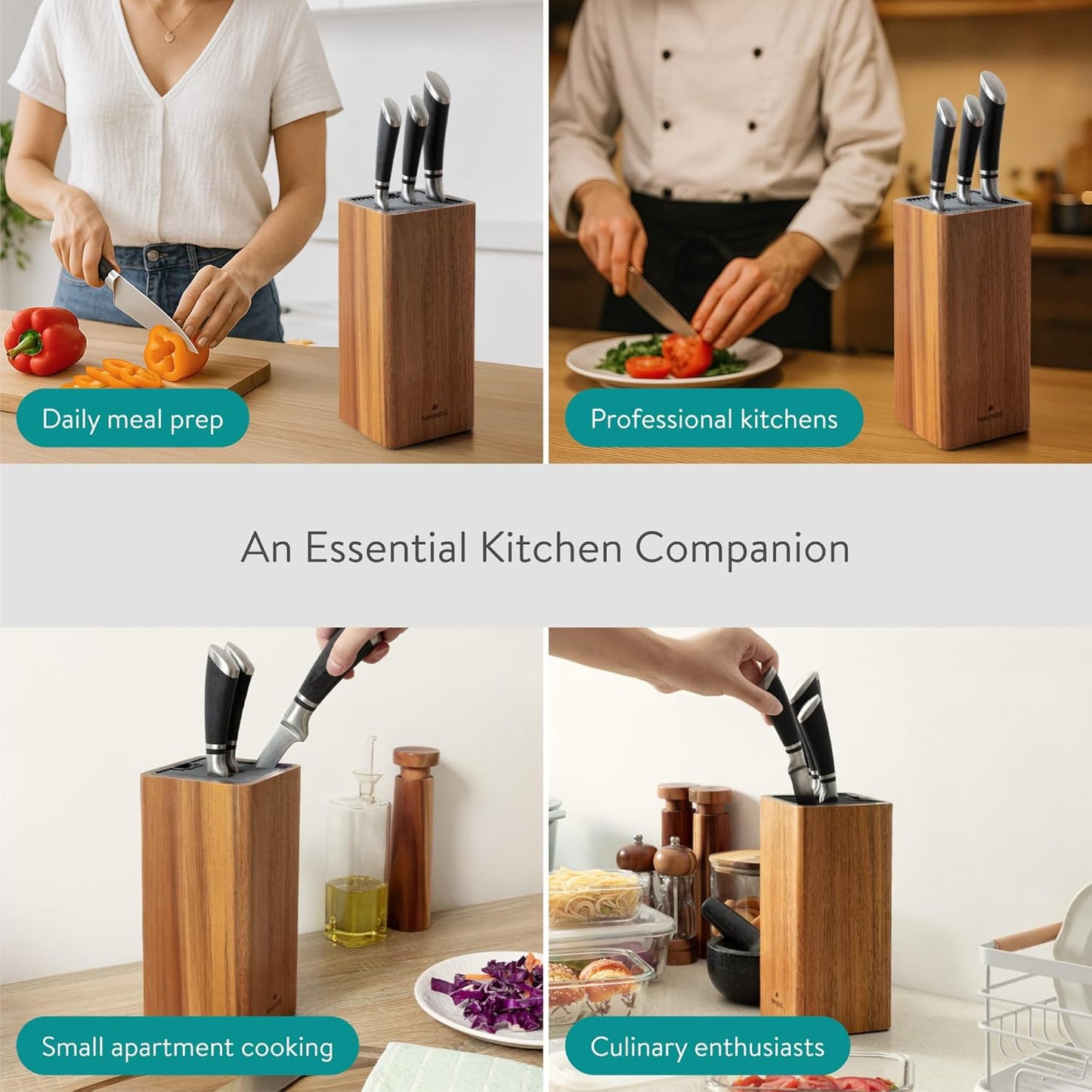 Navaris Universal Knife Block Holder - Rubber Wood Stand with Bristles to Fit Different Sizes of Knives - Angled Design, 9.8" x 5.9" x 4.1’" - Black