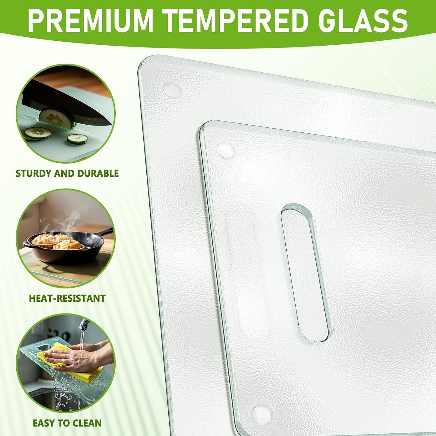 Tempered Glass Cutting Board for Kitchen, 2PCS Clear Chopping Board with Handle (16"x12" & 12"x8"), Plastic Free, Scratch Resistant, Heat Resistant, Dishwasher Safe, Non-toxic, Easy to Clean