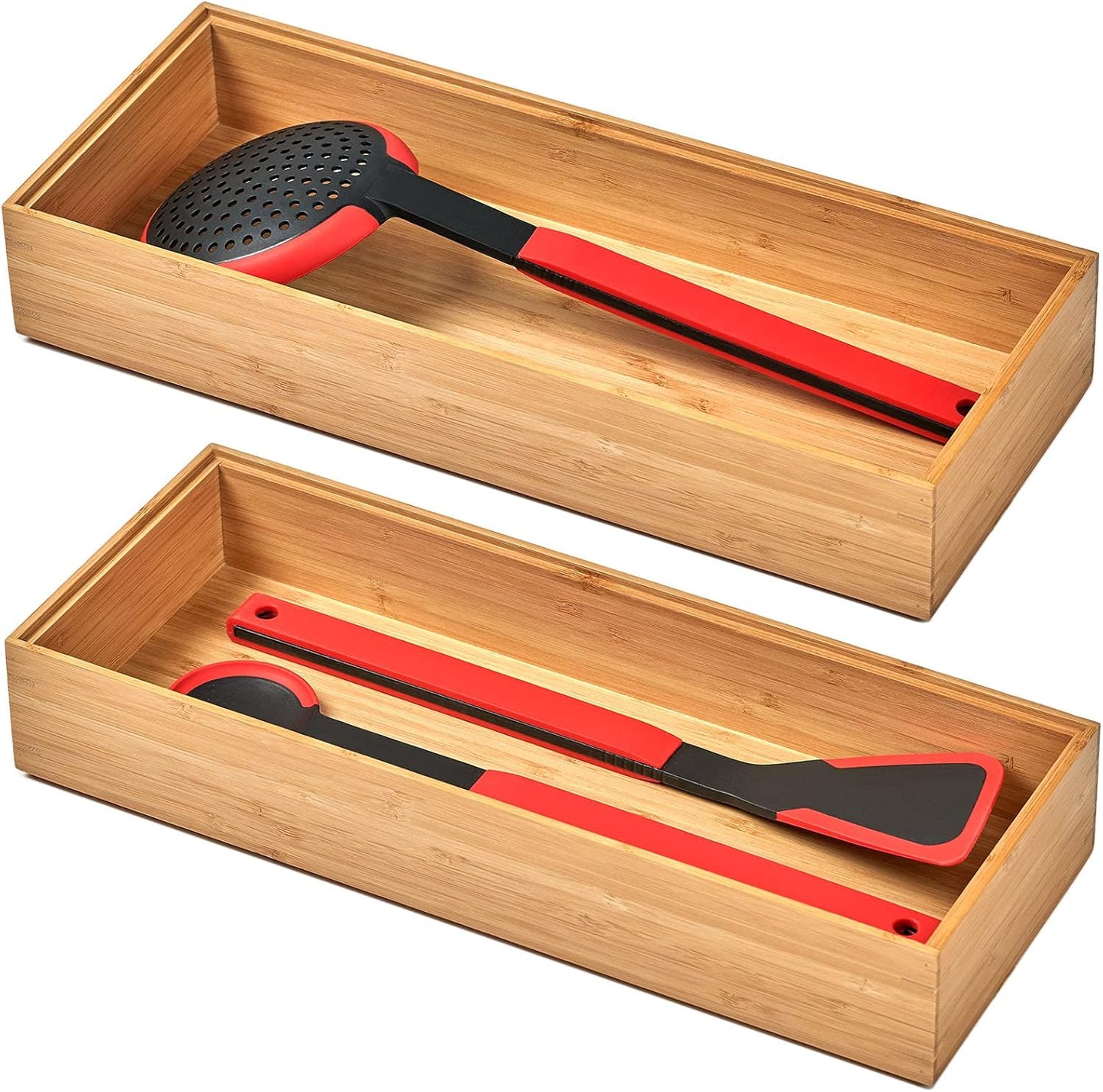 Umilife Bamboo Kitchen Utensils Organizer, Extra Long High Silverware Drawer Holder, Flatware Cutlery Storage Box, Multi-Use Drawer Divider in Office, Bathroom, Pantry - 17"x6"x2.5" (Set of 2)