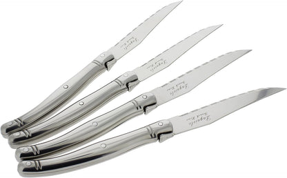 French Home Laguiole 4-Piece Steak Knife Set – Sophisticated Stainless Steel Dinner Knives with Navy Blue Handles & Iconic Bee Emblem – Serrated Knives for Smooth Cutting (9.25")