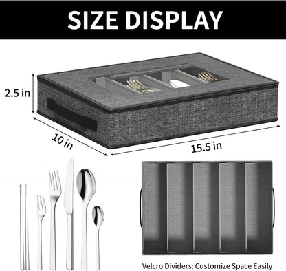 Aokeyee 2-Pack Silverware Storage Box, Sturdy Flatware Organizer with 5 Compartments & Adjustable Dividers, Utensil Case with Clear Lid & Handle for Knives, Forks & Spoons, Gray