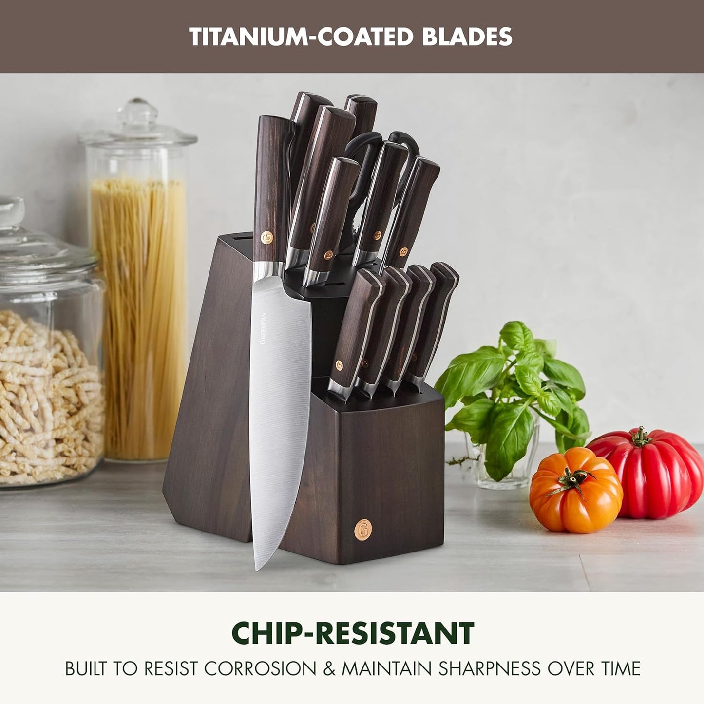 GreenPan Elite 8 Piece Steak Knife Set, Professional Stainless Steel Blades with Titanium Coating, Ultra-Sharp Dining Knives, Kitchen Cutlery, Ergonomic Wood Handles, Wooden Storage Box