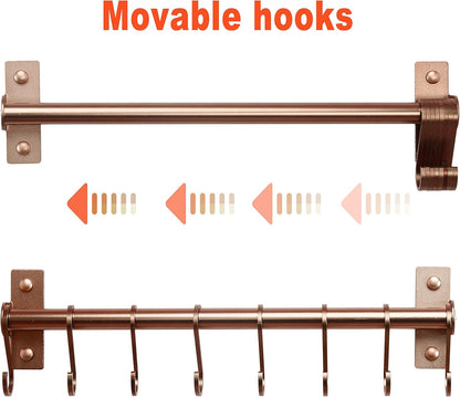 Dseap Kitchen Utensil Holder Hanger, Pot and Pan Rack Wall Mounted, Kitchen Rail with 8 Hooks for Hanging Cooking Utensils, Mugs, Spoons, Wall Mounted, Silver