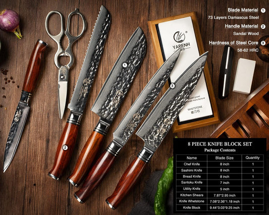 YARENH Cleaver Knife Set with Magnetic Block, Damascus Stainless Steel,73 Layers, 5 Piece Professional Sharp Kitchen Knife Set for Chef, Full Tang, Sandalwood Wood Handle