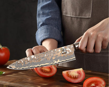 zayiko MysticMagma Nakiri Damascus Knife, 17 cm Blade made of 67 Layers of Damascus Steel with copper and bronze Inlay, DualCurve Handle made of maple root Wood, wooden Box