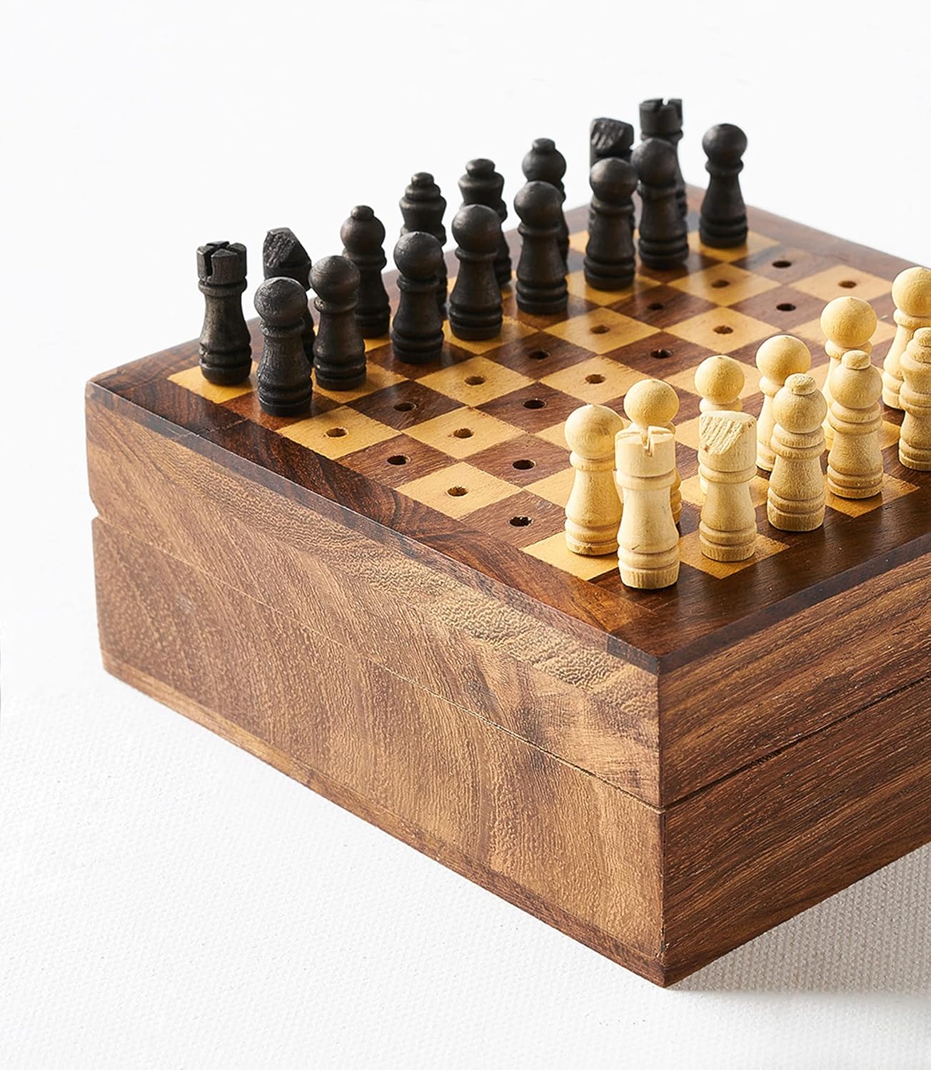 Matr Boomie, Small Mini Portable, Travel-Sized Hand Carved Solid Indian Rosewood, Wooden Peg Chess Board Game Set W/ Openable Storage for Pieces, for Adults