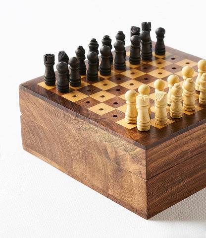 Matr Boomie, Small Mini Portable, Travel-Sized Hand Carved Solid Indian Rosewood, Wooden Peg Chess Board Game Set W/ Openable Storage for Pieces, for Adults