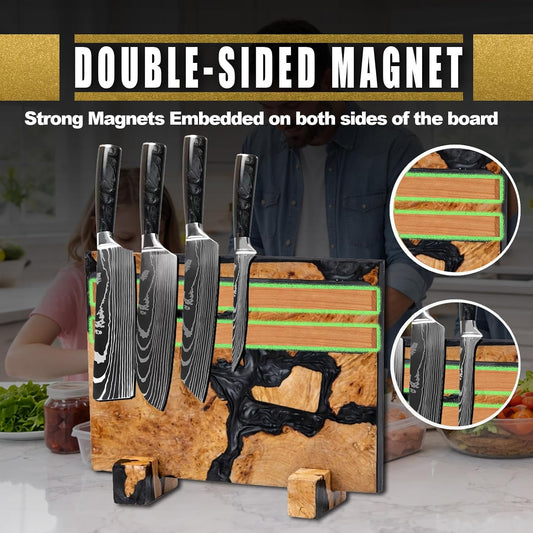 Magnetic Knife Block, Double Sided Knife Holder, Burl Maple Wood and Blue Resin, Holds 20 Knives, Non Slip Base (Blue)